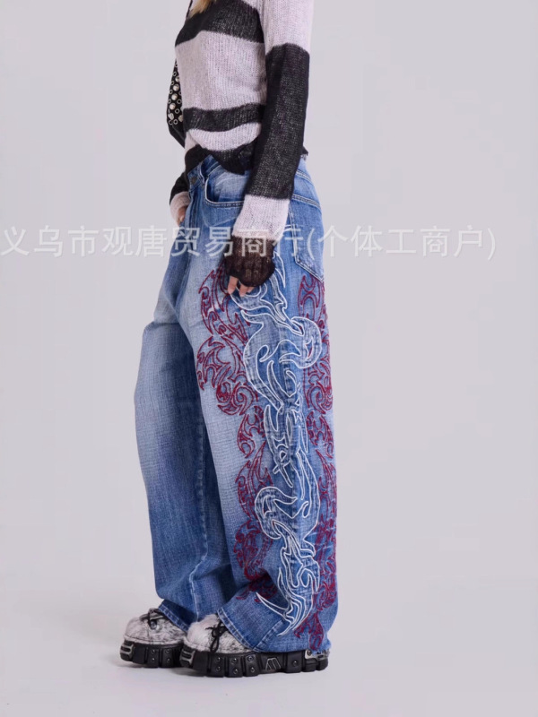跨境女装Jaded London美式y2k辣妹刺绣设计感牛仔裤宽松拖地长裤|undefined