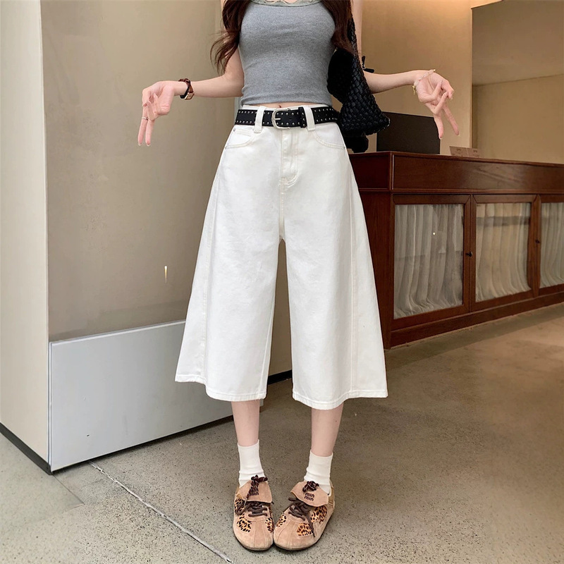 White Women's Thin Wide-Leg Denim Shorts, Summer Straight-Leg Slimming Loose Denim Shorts White Women's Thin Wide-Leg Denim Shorts, Summer Straight-Leg Slimming Loose Denim Shorts