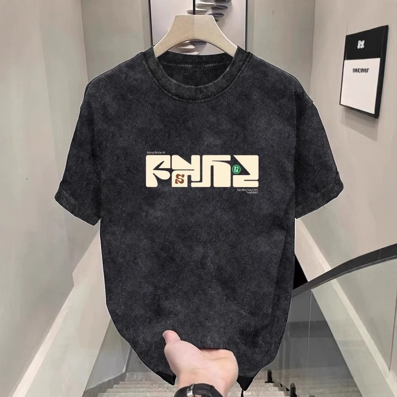 美式水洗做旧短袖T恤男士24夏季新款ins潮牌复古宽松半袖上衣服