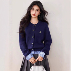 哥家商场同款女装2025秋季美式复古红色拼接假两件针织开衫外套