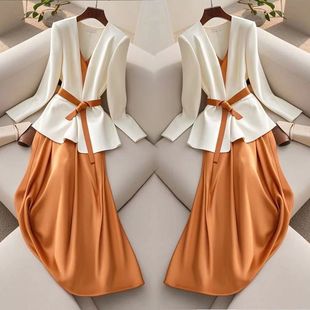 Suit 2025 Autumn Women's New Formal Occasion Temperament White Suit Orange Suspender Skirt Two-Piece Set