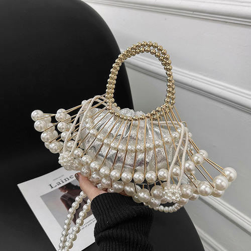  New Women's Handbag, Unique Design Cross-border Pearl Single Shoulder Crossbody Bag, Fashion Beaded Hand-held Evening Bag