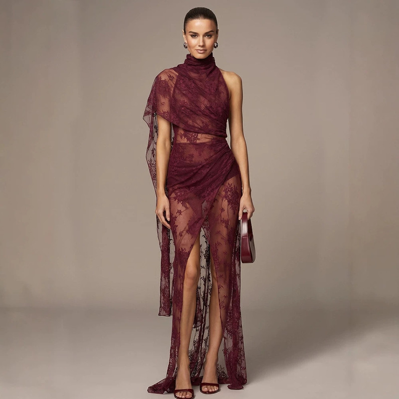 2026 New Women's Sexy Bodycon Wine Red Long Dress, Vacation Style Lace Dress, European and American Cross-Border Fashion 2026 New Women's Sexy Bodycon Wine Red Long Dress, Vacation Style Lace Dress, European and American Cross-Border Fashion
