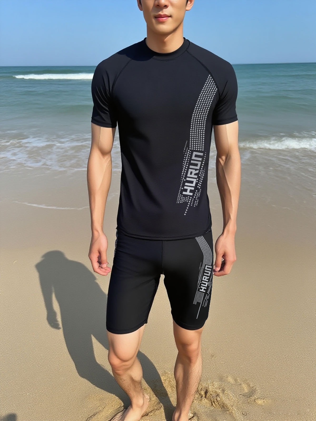 Traje de baño, traje de hombre, natación para adultos, traje de baño estampado de manga corta, traje de baño largo nuevo dividido para hombres, tamaño grande para adolescentes