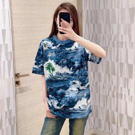 跨境高版本驴家  新款热带岛屿主题蓝白海浪椰树满印宽松圆领短袖