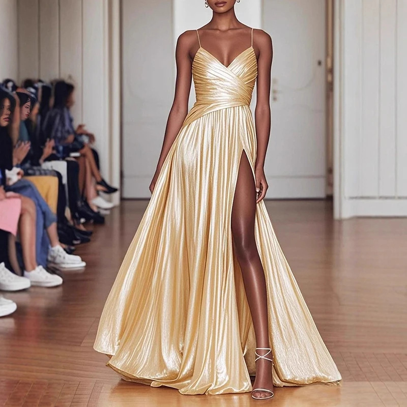 Champagne Gold Suspender Evening Dress Stage Catwalk Performance Dress New Satin Simple Side Slit Design Long Skirt