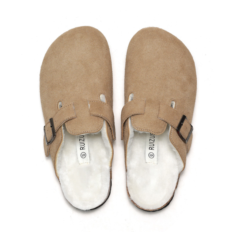RUIZUSTOCK Winter Men's Closed-Toe Cork Slippers With Fleece, Women's Cotton Shoes, Warm Sandals, Suede Outdoor Wear_voghion.com
