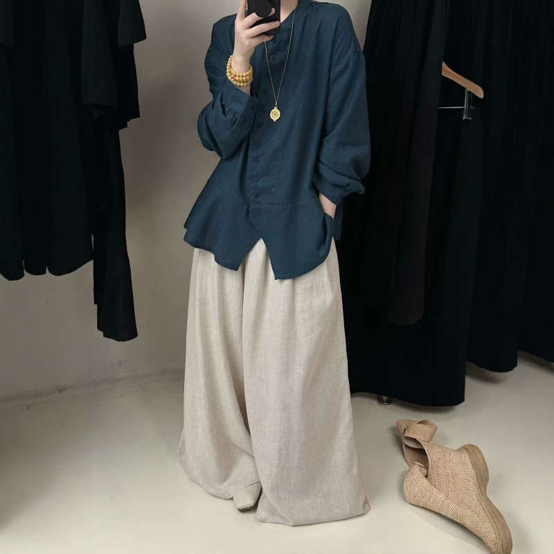 2025文艺复古女衬衫秋季 新款宽松百搭中长款亚麻衬衫女式|undefined