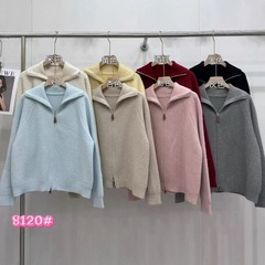 高级感针织外套女2025秋冬新款宽松立领开衫双拉链毛衣女加厚欧码