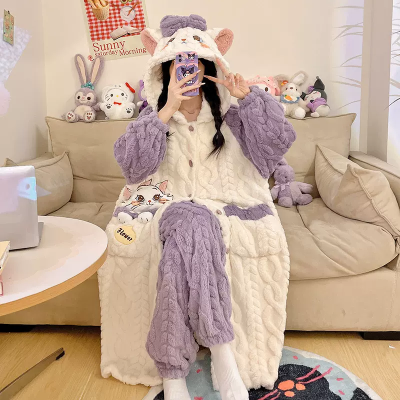 睡衣女秋冬款珊瑚绒家居服 法兰绒加厚加绒甜美可爱风保暖套装