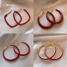 银针安可拉红色复古滴油几何圆形耳圈耳环个性潮流耳钉高级感耳饰