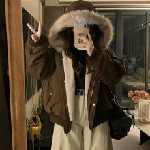 实拍 冬季美式毛领座山雕皮草棉服女士加厚休闲加厚保暖情侣外套