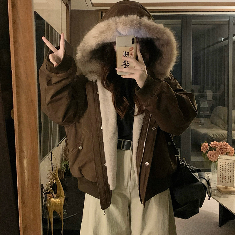 实拍 冬季美式毛领座山雕皮草棉服女士加厚休闲加厚保暖情侣外套