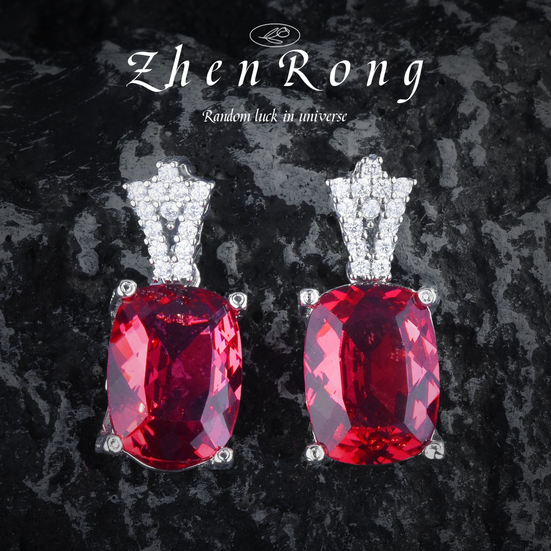 Moda de lujo Rosa anillo de diamante rojo con incrustaciones de diamantes de alto carbono de alto grado temperamento corona colgante colorido tesoro pendientes traje mujeres