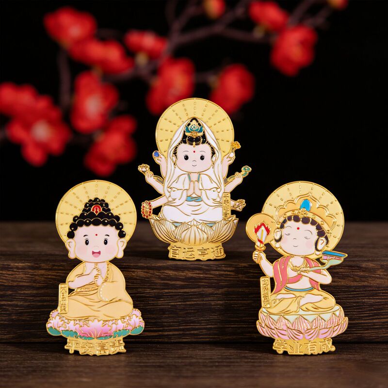 Chinese-Style Cute Buddha Metal Phone Sticker, Cartoon Buddha Statue Cultural and Creative Sticker, Good Luck and Safety Protection Decorative Sticker