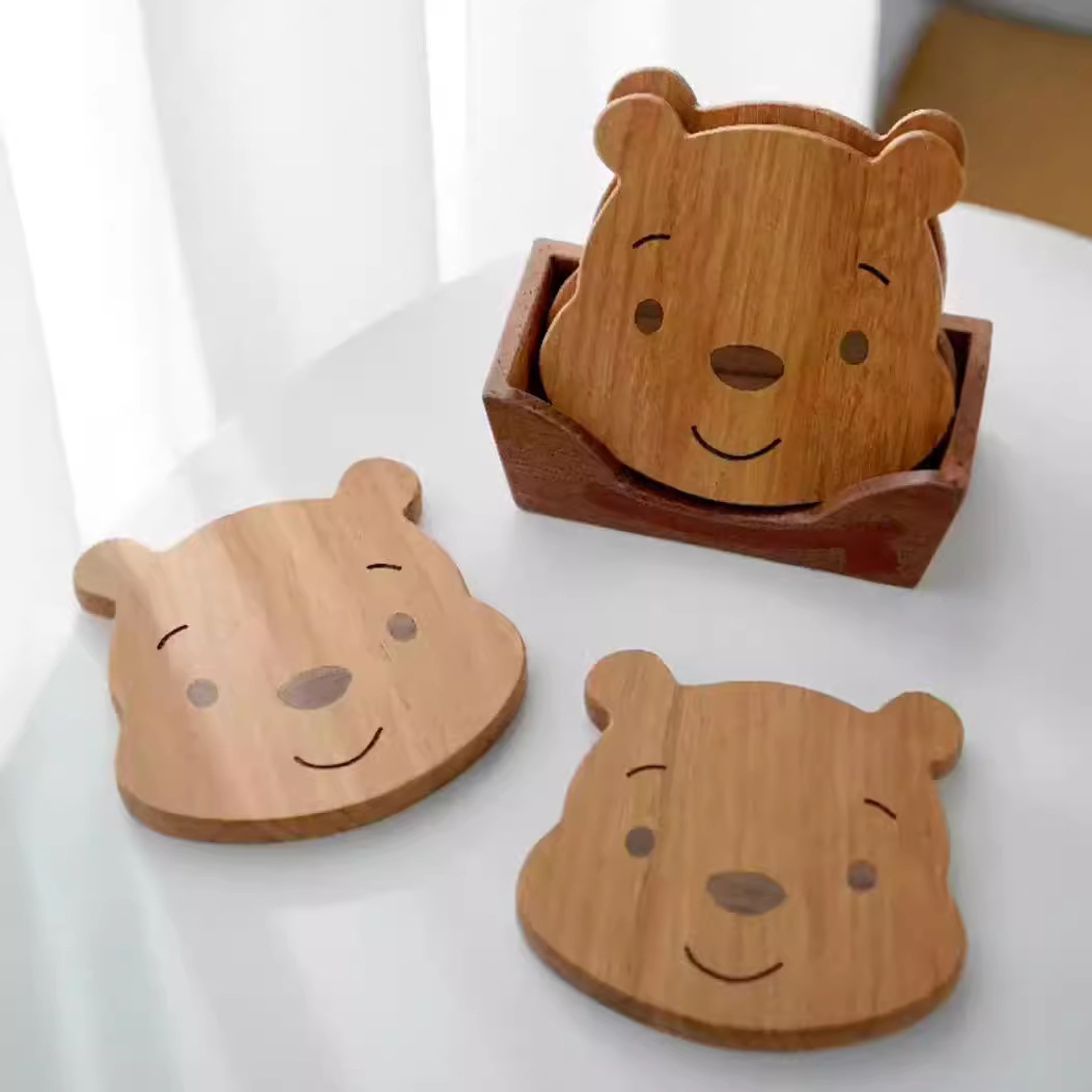 Caricatura oso adorable cojín de taza de café creativo de madera sólida hogar cojín de taza de agua platos cojín conjunto de cojín