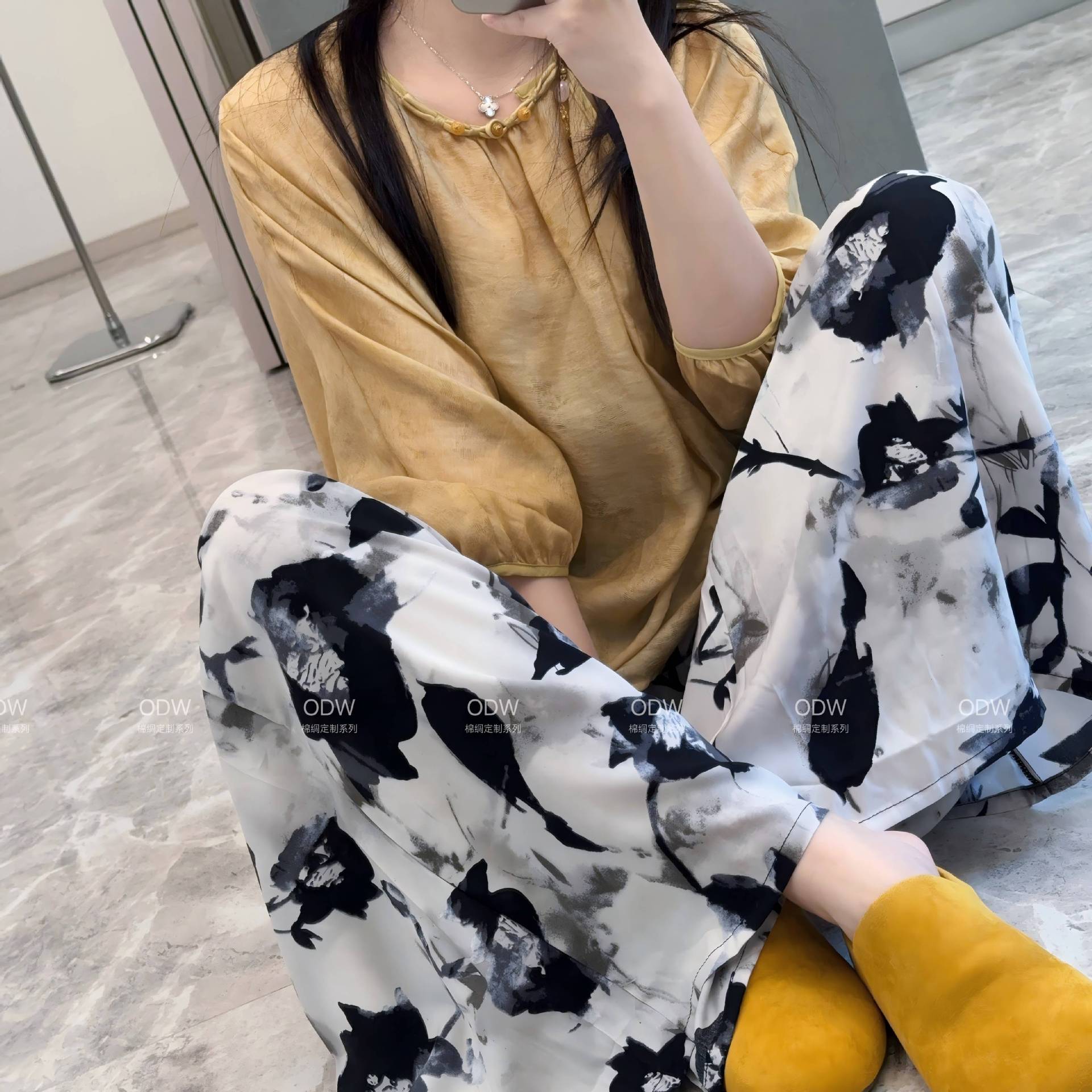 [Spot Clear] Nuevos pantalones anchos chinos de seda de algodón, pantalones de pijama perezosos de cintura alta rectos sueltos de primavera y verano para mujer