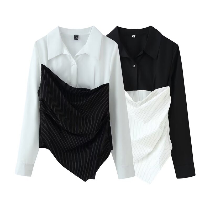 Myst&Za Summer New Cross-Border Women's Fashion Casual Striped Patchwork Solid Color Turn-Down Collar Long-Sleeve Shirt Top