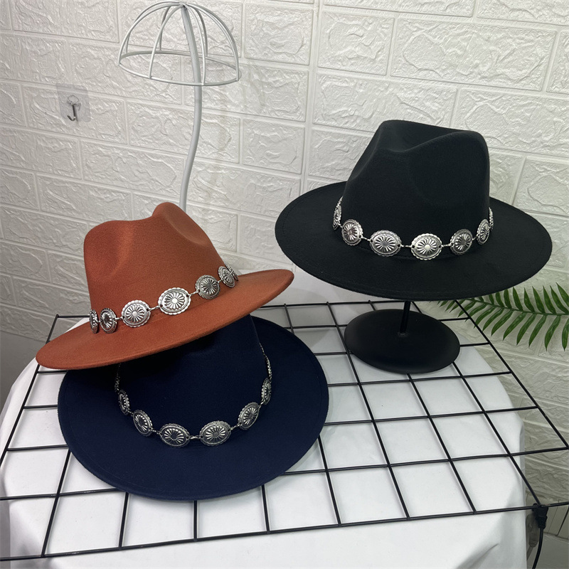 Sombrero de lana europeo y americano sombrero de fieltro de estilo británico decoración de cadena ovalada AliExpress sombrero de jazz borde plano sombrero superior para hombres