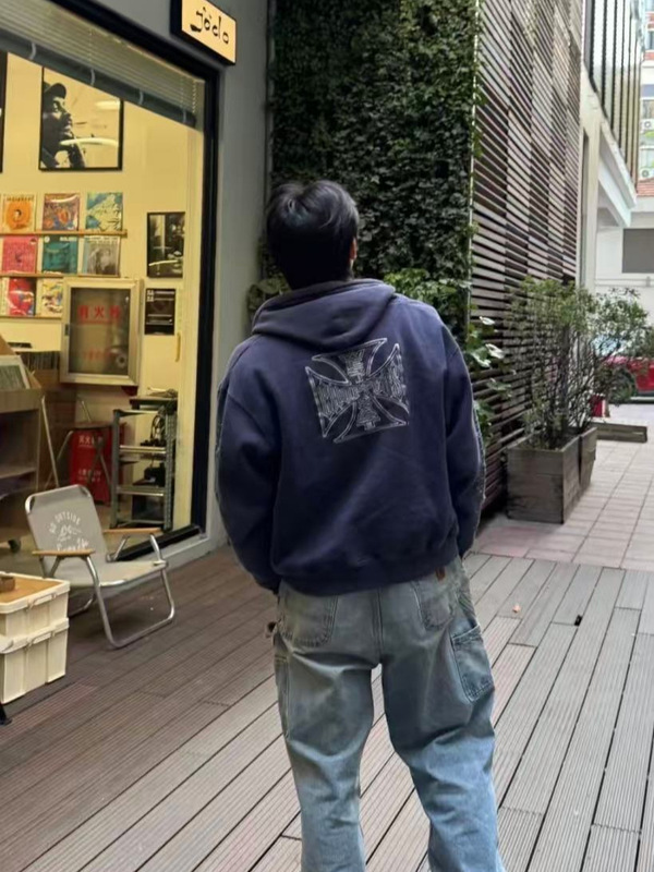 ERD风格West coast法工蓝做旧刺绣铁十字标语vintage连帽拉链卫衣|undefined
