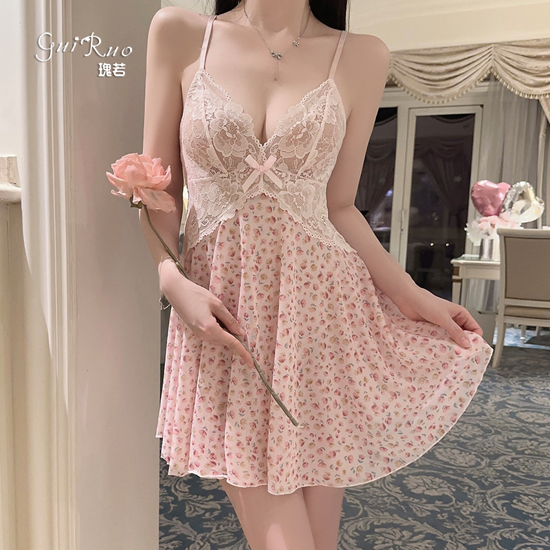Guiro의 새로운 가벼운 럭셔리 유혹 메쉬 속옷 달콤한 꽃 섹시한 핫 로우 컷 서스펜더 잠옷 세트 5523