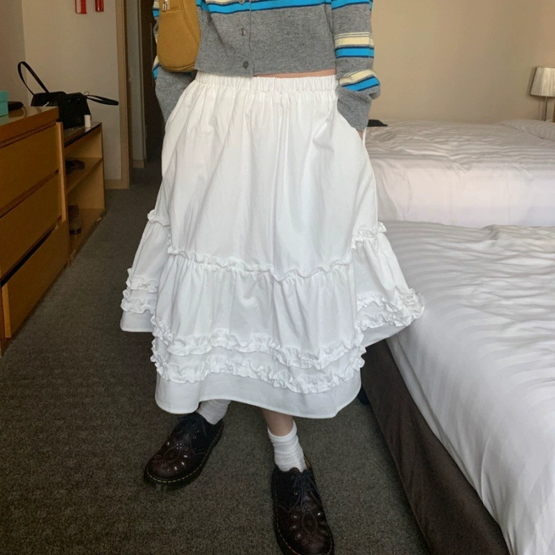 Корейская шикарная весенне-летняя универсальная французская девчачья юбка в милом и романтическом стиле с эластичной резинкой на талии и кружевом
