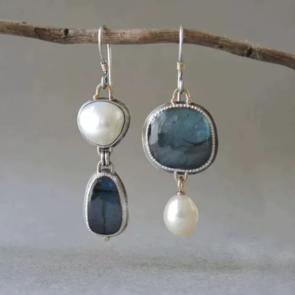Hong Kong and Di Cross-Border Factory Asymmetric Blue-Purple Agate Inlaid Pearl Earrings European and American Retro Creative Exaggerated Earrings