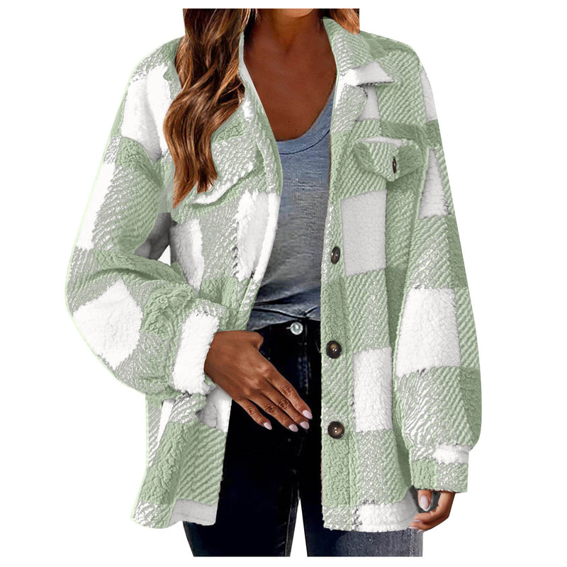 Cross-Border Women's Clothing 2026 New Amazon Autumn and Winter Plaid Sherpa Jacket with Pockets and Buttons Plush Coat