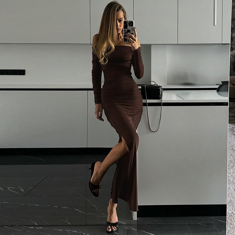 2024 otoño estilo europeo y americano nuevo estilo estilo de moda de un cuello sexy apertado plegado vestido de bifurcación lateral image 8