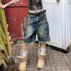 アメリカのレトロな大きいサイズの水洗いデニムの毛の縁のポケットの工装の5分のズボンの女性の高い街のまっすぐな筒のゆったりしている広腿の中のズボン