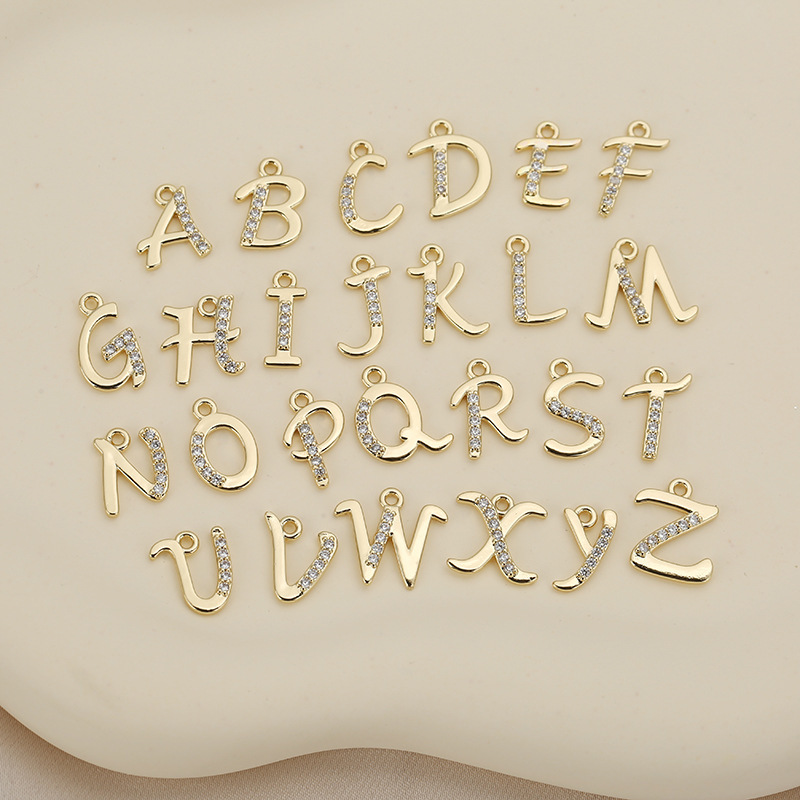 Copper Plated Real Gold 26 English Letter Pendant Diamond Necklace Earrings Zipper Pendant DIY Jewelry Letter Accessories