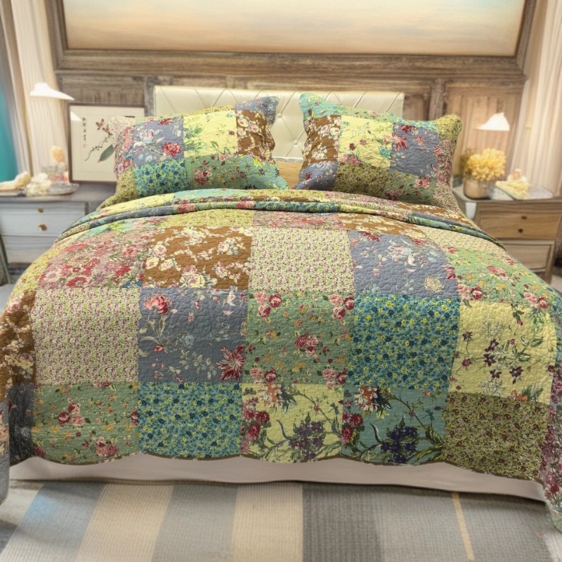 外贸出口欧美绗缝被纯棉床盖欧式手工拼布夹棉加厚床单床罩三件套