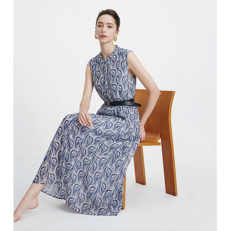 [Lr Order] Ramie Retro Elegant Sleeveless Printed Dress for Women, Summer Mid-Length Waist-Cinching Slimming Dress
