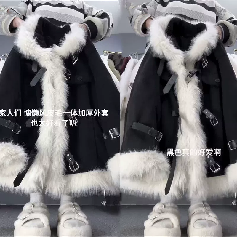 Флоат из оленьей кожи пара американский ретро теплая бархатная утолщение зимний интегрированный пушистый воротник шерстяная куртка кожаная пряжка дизайн