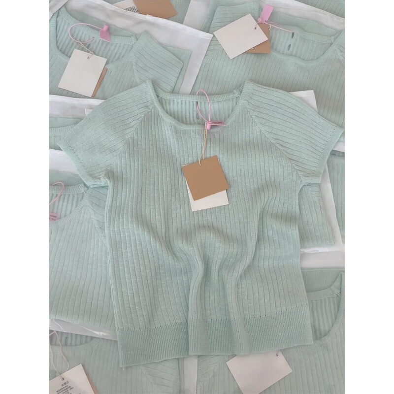 Green Fresh Style Pit Top Women's Hot Girl T-Shirt Summer Cool Thin Knitted Ice Silk Shoulder Round Neck Short Sleeve