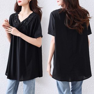 .2025 Plus Size Women's New Chinoiserie Elegant Covering Flesh and Slimming Look Chiffon Top T-Shirt