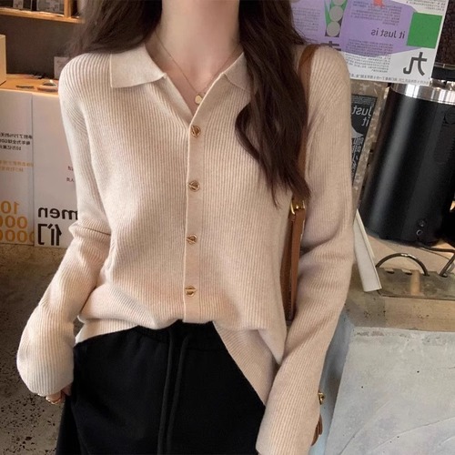 Women's Spring and Autumn Fashion Innerwear Polo Collar Knit Sweater Cardigan