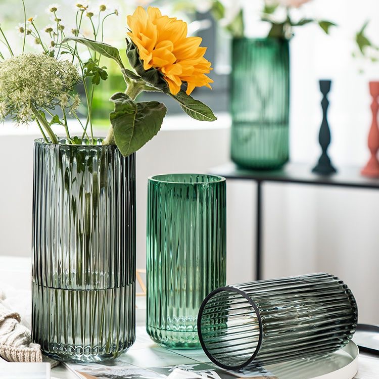 Thickened Natural Color Glass Vase, Transparent, High-End Vintage Striped Design, for Dining Table and Living Room Decoration, Wholesale Flower Pot