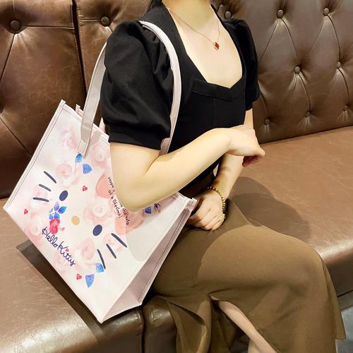 Mist Flower KT Cat PU Tote Bag Shoulder Bag Pink Girly Heart Flower Pattern Large Capacity Commuting Mommy Bag