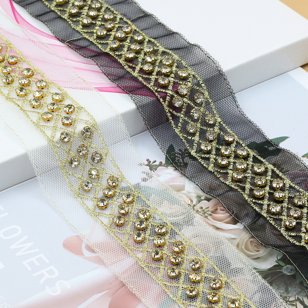 直销高档金丝线绣花金底水钻花边条码 旗袍汉服袖口鞋帽装饰辅料