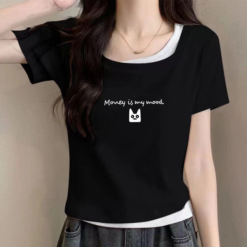偽ツーピース純綿半袖 Tシャツ女性のための 2025 夏の新しい韓国スタイルスクエアネック右肩プリント不規則な Tシャツ女性のための|undefined