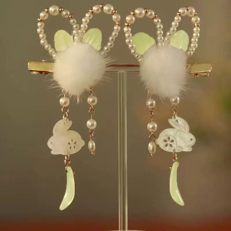 古风头饰儿童小兔子耳朵流苏发夹古装蝴蝶结对夹饰品古装边夹发饰