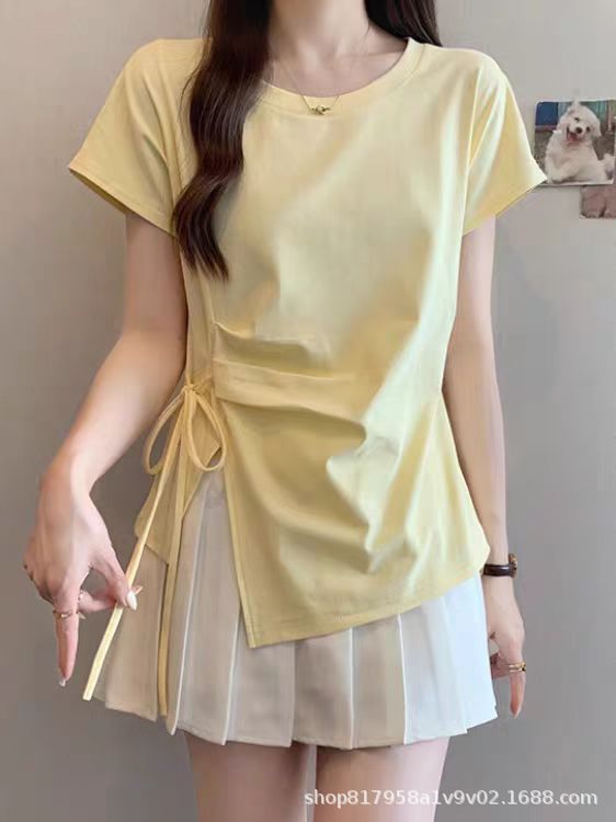 ミルクイエローの右肩半袖Tシャツ女性用2025夏大きいサイズファットmmウエスト不規則な巨大痩身パーソナライズトップ|undefined