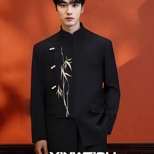 New Dimension New Chinese Style National Style Chinese Tsuis Golden Bamboo Embroidered Vertical Collar Suit Men's High-end Sense Loose Suit Set Fashion