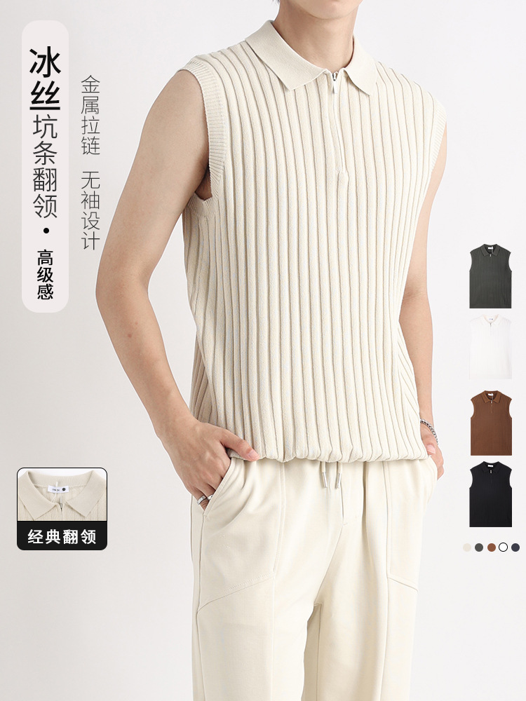 Camiseta sin mangas con cuello de polo para hombre, suéter de punto, chaleco de chaleco de moda de alta gama, camiseta de seda de hielo de secado rápido para hombre