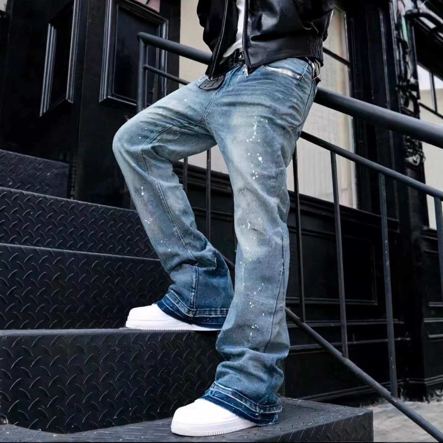 Cross-Border Hot-Selling American Retro Washed and Distressed Gray Splash-Ink Scimitar Jeans for Men, Trendy Brand Loose Wide-Leg Pants