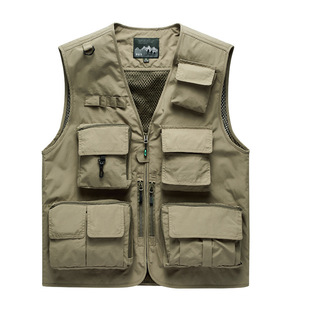 New Outdoor Leisure Multi-Flap Pocket Pants Fishing Vest with Printed Embroidered Logo Spring and Autum V Neck Photography Vest Male Mesh Staff