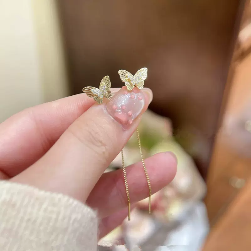 跨境精致甜美花朵蝴蝶长款流苏耳线小众设计气质耳钉时尚日常百搭