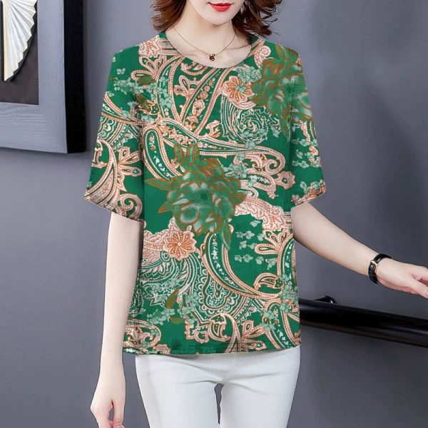 2025 весенне-осенняя новая одежда для мам с цветочным принтом в стиле среднего и пожилого возраста, удобная футболка большого размера, летний топ с короткими рукавами и принтом