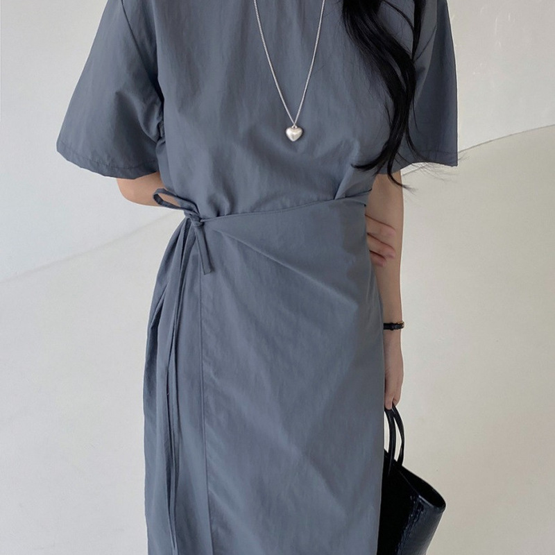 Korean Chic Summer Niche Design Round Neck One-Piece Lace-Up Waist Slimming Look Long Short-Sleeved Dress for Women
